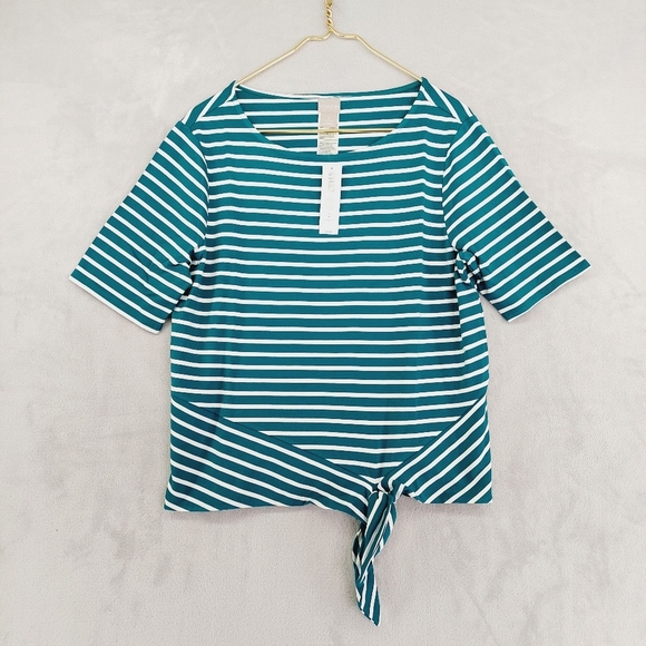 NEW Chico's Women's Striped Teal and White Tie-Front Top P3561 - Picture 1 of 9